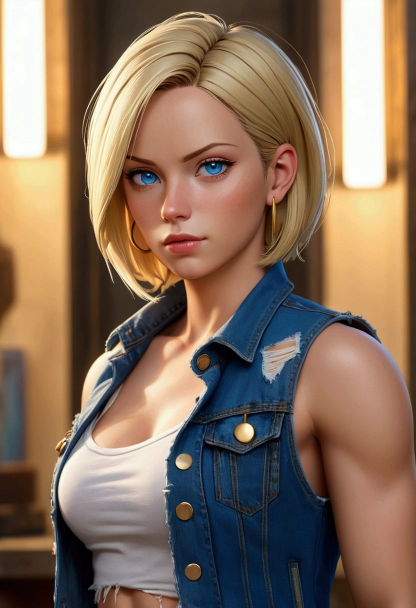 Woman in her 20s, (ANDROID_18), (perfect face), defined jaw, Beautiful lips, (short straight blonde bob hair), (beautiful bright blue eyes), (perfect anatomy), athletic body, (sexy), (perfect hands), small simple gold earrings, (unbuttoned blue jean vest), (small black thong), (ripped and torn clothes), (sexy, sex) (Full shot photography), photorealistic in a lit room.
