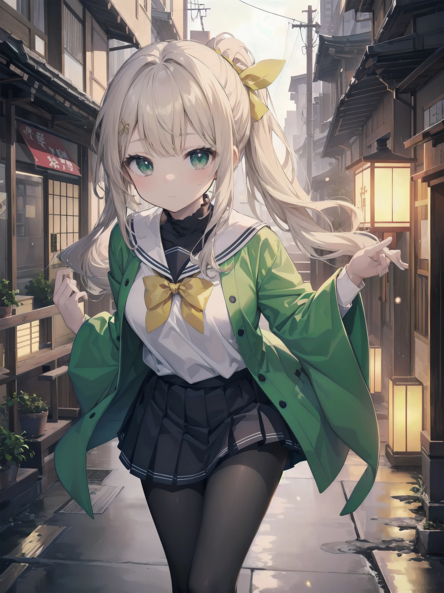 Masterpiece, illustration, super detailed, kawaii, one girl, 独奏, slender 14 year old, Japanese girl, chou chou, ribbon, nape of neck, low ponytail, cute pose in Less revealing attire, (green sailor outfit, two gold lines), large gold ribbon, priss skirt, black pantyhose, , Long Sleeves, White innerwear for sailor suit, living room, cowgirl shot, sfw, dynamic angle、Close-up on the characters、(building, city、A dense fog of fluorescent particles、１８００Era、Japanese Style、Fiction、grow、Overwhelming、Detailed street）、A beautiful girl with a beautiful background and a super cute pose
