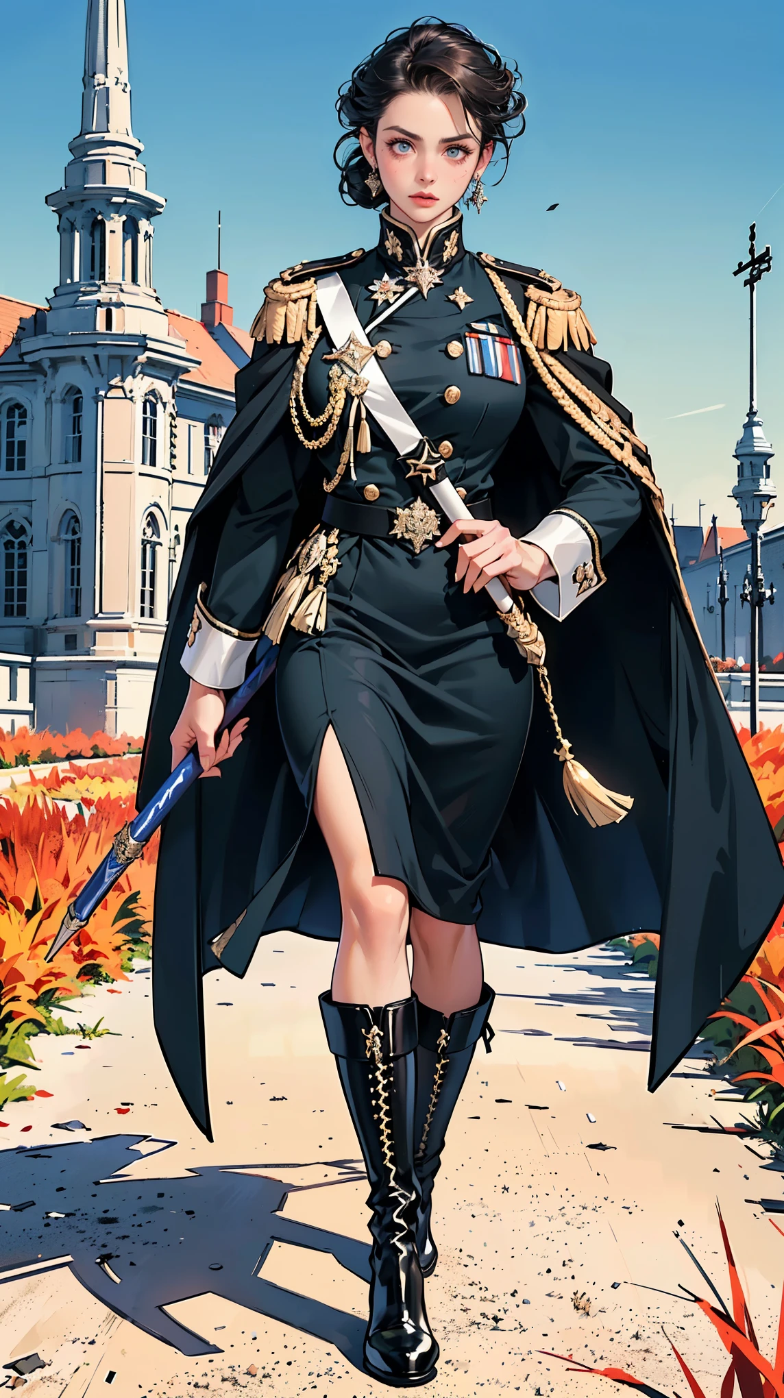 (Best quality, 4K, high resolution, masterpiece, ultra-detailed, realistic anatomy, photo-realistic:1.37), alluring mature woman, high-ranking military officer, (wearing Prussian Field Marshal uniform), (black double-breasted jacket adorned with medals), (matching pencil skirt), (matching shoulder cape), Prussian field marshal cap, black stocking, heel boots, chestnut hair, elegantly styled in a chignon bun, standing authoritatively while holding the Field Marshal's baton, This full-body portrait captures her formidable presence and power, with sharp focus on her uniform's intricate details, her numerous medals, and her intense gaze, The image evokes an aura of experience, discipline, and supreme authority, set against an impressive military headquarters backdrop,
