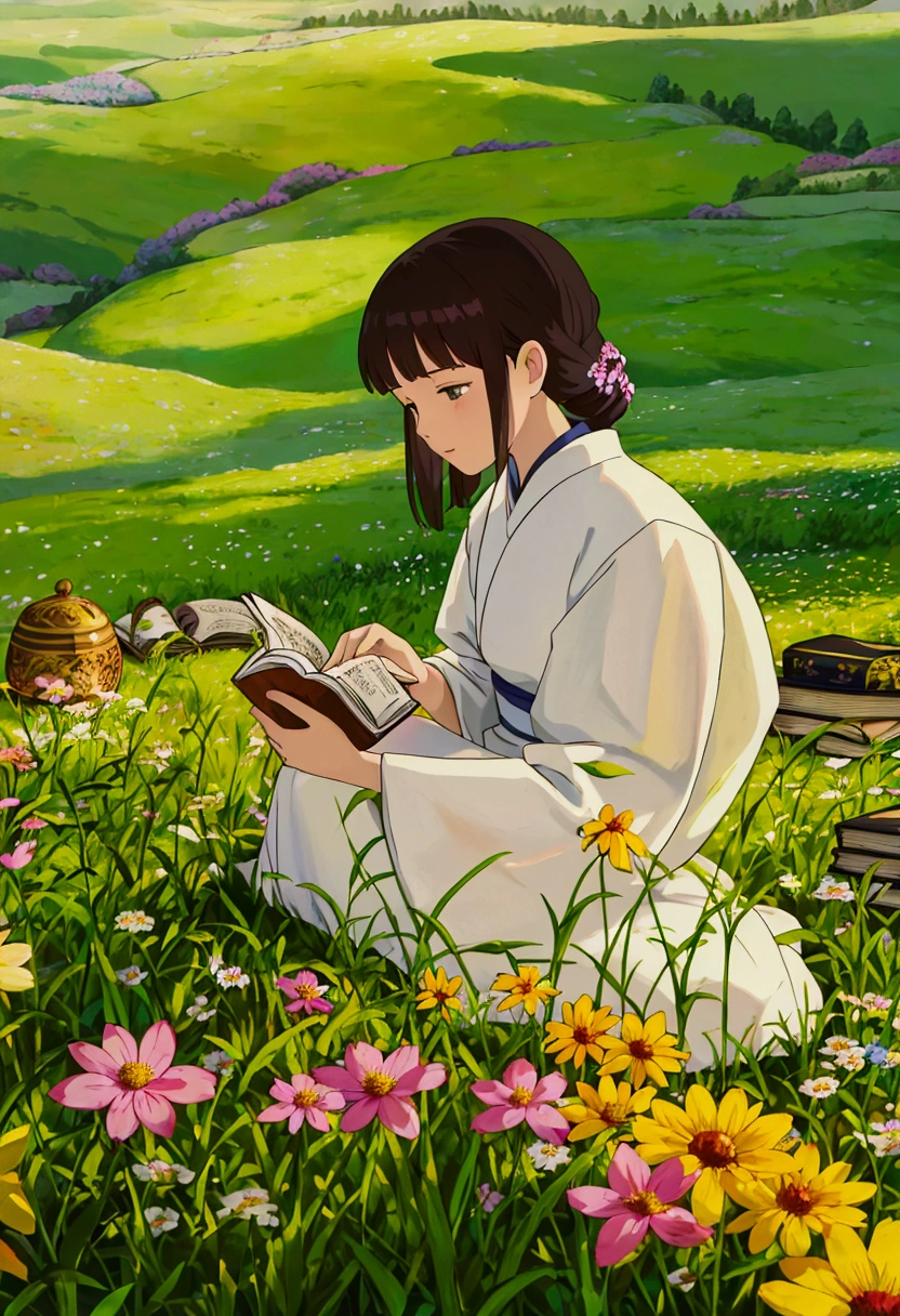 arafed woman sitting in a field of flowers reading a book, white hanfu, palace ， a girl in hanfu, girl sitting in a flower field, by Yang J, sitting in a field of flowers, in a field of flowers, in a cottagecore flower garden, hanfu, in a field with flowers, girl in flowers