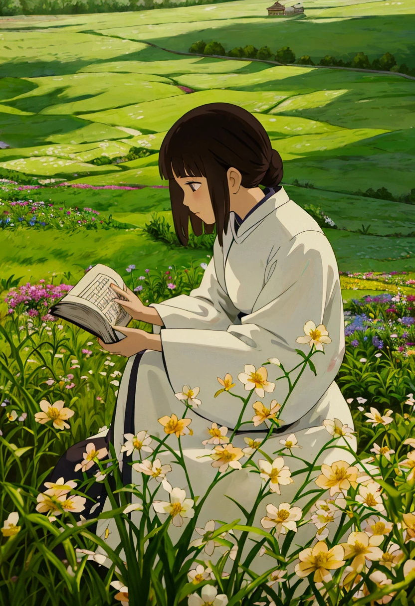 arafed woman sitting in a field of flowers reading a book, white hanfu, palace ， a girl in hanfu, girl sitting in a flower field, by Yang J, sitting in a field of flowers, in a field of flowers, in a cottagecore flower garden, hanfu, in a field with flowers, girl in flowers