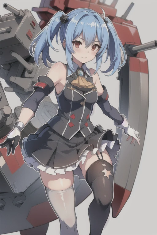 prinz eugen \(warship girls r\),(((Best quality))), ((Ultra-detailed)), ((illustration)), ((Disheveled hair)), ((frilld)), (1 girl),(Solo),,bare shoulders, blue hair, cannon, clothing, cross, detached sleeves, female, fingerless gloves, gloves, hair ornament, haluka (aixioo), iron cross, kriegsmarine, lingerie, long hair, microskirt, military, pantsu, red eyes, rigging, skirt, thighhighs, underwear,