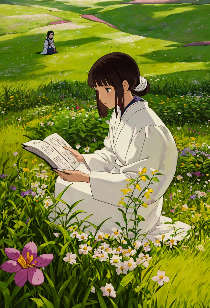 arafed woman sitting in a field of flowers reading a book, white hanfu, palace , a girl in hanfu, girl sitting in a flower field, by Yang J, sitting in a field of flowers, in a field of flowers, in a cottagecore flower garden, hanfu, in a field with flowers, girl in flowers