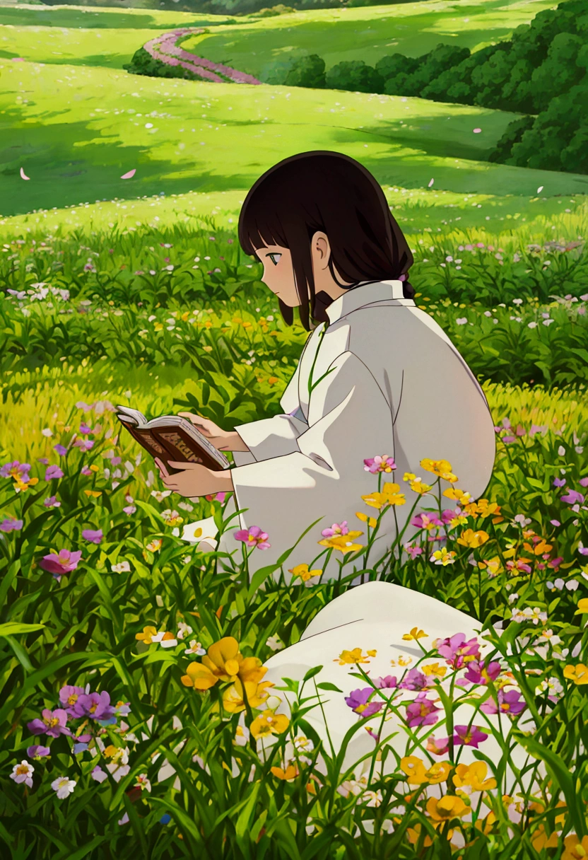 arafed woman sitting in a field of flowers reading a book, white hanfu, palace , a girl in hanfu, girl sitting in a flower field, by Yang J, sitting in a field of flowers, in a field of flowers, in a cottagecore flower garden, hanfu, in a field with flowers, girl in flowers