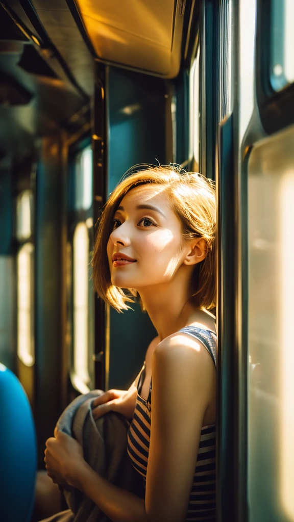 (Best quality, Ultra detailed, Golden ratio, Masterpiece:1.2), Theatrical lighting:0.7, Photo of a woman, dressed in a very elegant and pretty dress, Perfect rare face, (Highly detailed skin), randomly dyed hair, Hide your mouth with your hands、Ridicule, skin texture, Pale skin, shiny skin, (thin, large size:1.2), [:(Sharp focus on rare face, perfect eyes:1.2):0.2], photorealistic, film grain, Put one foot forward、from below looking up、look at camera、Emphasize the shoulders, Focus on face、Stockings、glasses、Smile with corners of mouth raised、disdainful expression, summer haze, muted colors, muted warm colors, Photo cinematic portrait of a woman dressed in a striped dress sitting by the window in the early morning, cinematic, (tilted:1.3) (on an old train) look cautious, standing under a spotlight, volumetric dust clouds, key light, backlight, soft natural lighting, photography Film grain ISO 400 30 mm lens RAW f1.8 aperture, highly detailed (analog photography:1), colors hdr