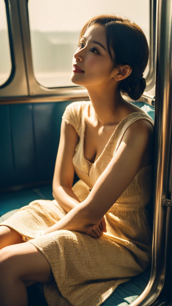 (Best quality, Ultra detailed, Golden ratio, Masterpiece:1.2), Theatrical lighting:0.7, Photo of a woman, dressed in a very elegant and pretty dress, Perfect rare face, (Highly detailed skin), randomly dyed hair, Hide your mouth with your hands、Ridicule, skin texture, Pale skin, shiny skin, (thin, large size:1.2), [:(Sharp focus on rare face, perfect eyes:1.2):0.2], photorealistic, film grain, Put one foot forward、from below looking up、look at camera、Emphasize the shoulders, Focus on face、Stockings、glasses、Smile with corners of mouth raised、disdainful expression, summer haze, muted colors, muted warm colors, Photo cinematic portrait of a woman dressed in a striped dress sitting by the window in the early morning, cinematic, (tilted:1.3) (on an old train) look cautious, standing under a spotlight, volumetric dust clouds, key light, backlight, soft natural lighting, photography Film grain ISO 400 30 mm lens RAW f1.8 aperture, highly detailed (analog photography:1), colors hdr