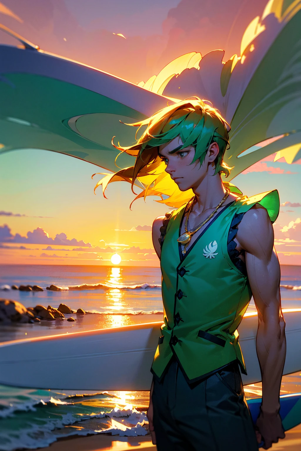 a man with shoulder-length ombre hair from dark green to light mint, wearing ocean-themed jewelry and a seashell-embroidered vest, casually leaning on a surfboard on a sandy beach at sunset, highly detailed, 8K, HDR, vivid colors, cinematic lighting, dynamic composition, beautiful landscape, dramatic clouds, warm golden hour lighting