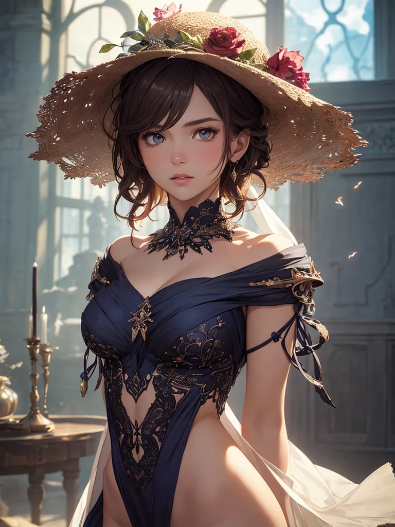 (by Greg Rutkowski: 1.2), ((masterpiece)), ((best quality)), ((sfw)) extremely delicate and beautiful, illustration, highly detailed face and body, highly detailed hand and fingers. ((Dynamic bust of beautiful aristocratic maiden,Brown chestnut hair elegantly coiled,Wearing a huge blue hat,Purple clear eyes,The hair is covered with beautiful and delicate floral craftsmanship, Crystal jewelry filigree)), HD. elegance. photorealism. Unreal engine. From Brian Froud and Carne Griffiths and Wadim Kashin and John William Waterhouse, 8K post-production, high resolution, hyperdetailed, depth of field, HDR, intricate