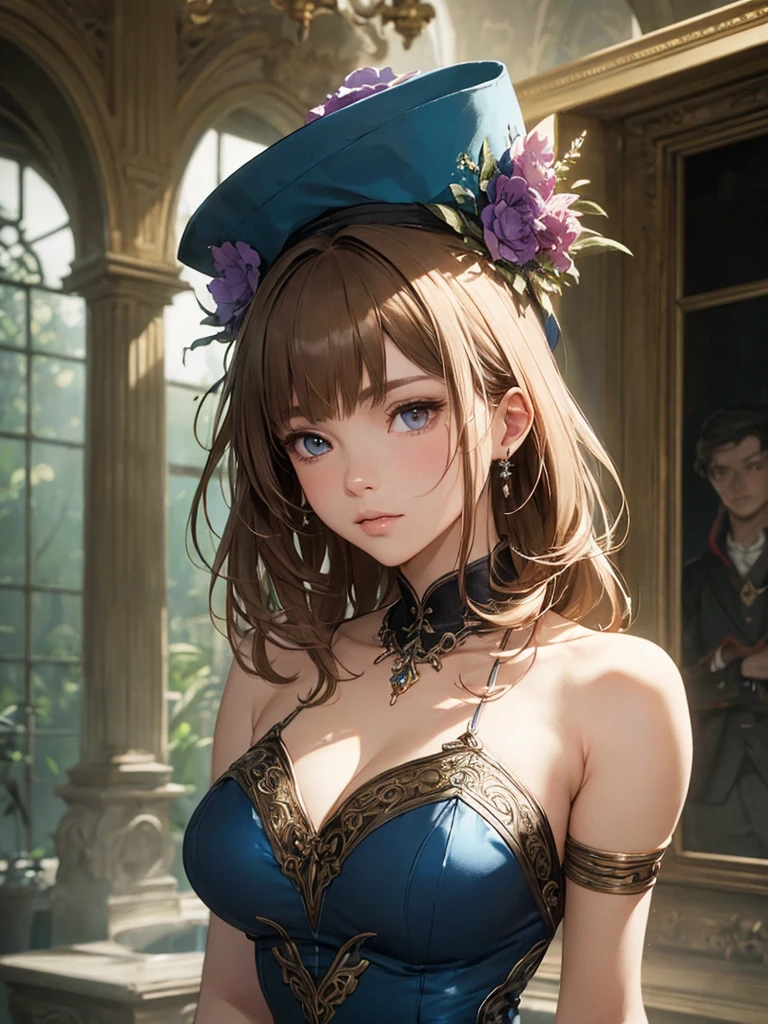 (by Greg Rutkowski: 1.2), ((masterpiece)), ((best quality)), ((sfw)) extremely delicate and beautiful, illustration, highly detailed face and body, highly detailed hand and fingers.  ((Dynamic bust of beautiful aristocratic maiden，Brown chestnut hair elegantly coiled，Wearing a huge blue hat，Purple clear eyes，The hair is covered with beautiful and delicate floral craftsmanship, Crystal jewelry filigree)), HD. elegance. photorealism. Unreal engine.  From Brian Froud and Carne Griffiths and Wadim Kashin and John William Waterhouse, 8K post-production, high resolution, hyperdetailed, depth of field, HDR, intricate