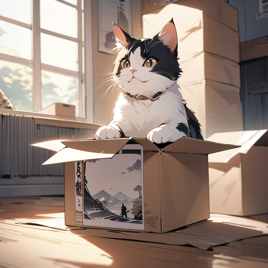 Manga style illustration, high quality, 最high quality, High resolution, masterpiece, 最高masterpiece, 8k, Cat in a cardboard box