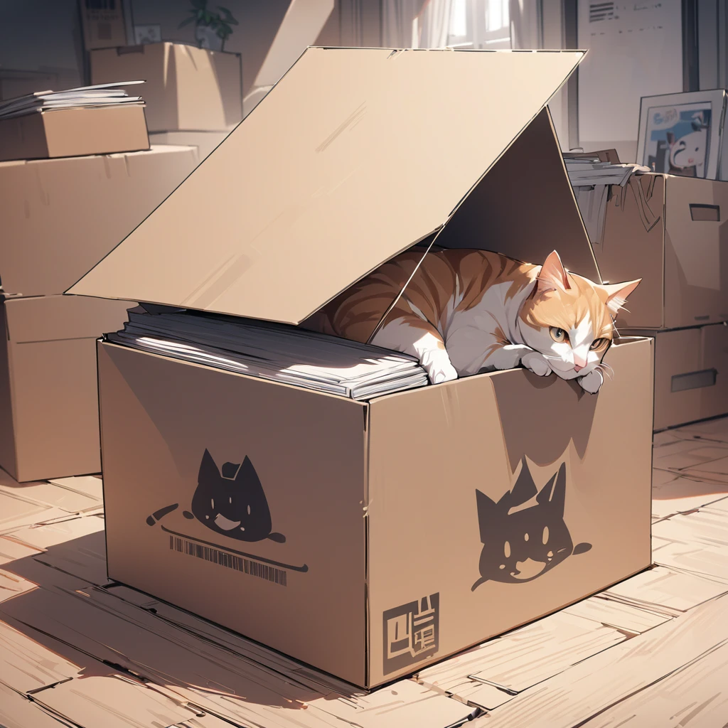 Manga style illustration, high quality, 最high quality, High resolution, masterpiece, 最高masterpiece, 8k, Cat in a cardboard box