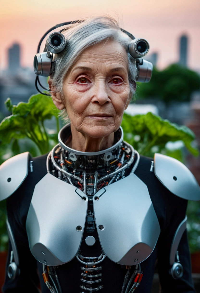 Portrait of an elderly cyborg woman, His face is a beautiful mix of human and machine., His metal eyes shine softly in the night, is working in the garden of a rooftop oasis in the middle of a dystopian cityscape, stunning vegetables growing efficiently, with a (soft focus:1.2), (f_Stop 4.0), (focal_length 50 mm), showing a serene moment of nature and technology coexisting, capturado with aa (Canon EOS R5), destacando la esperanza y la continuidad 3D 32K hiperrealista UHD INfO