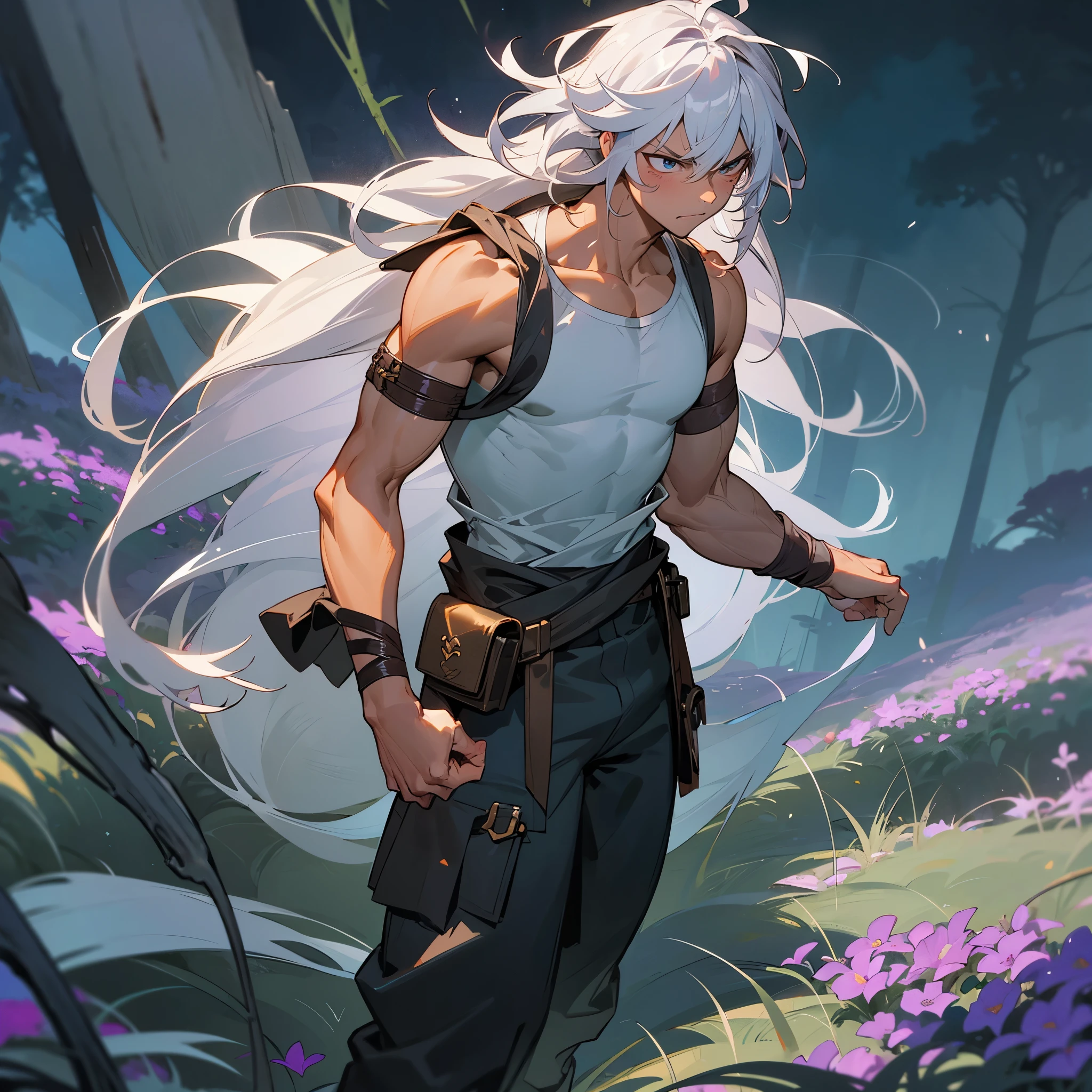 1male, muscular, tan skin, , finely detailed lavander eyes, wild long hair, messy hair, seashell white color hair, adventurer gear, sleeveless shirt, baggy combat pants, night time, dark forest, somber expression, angry, flowers, standing on path, lanturns, black armband, cut over eyebrow