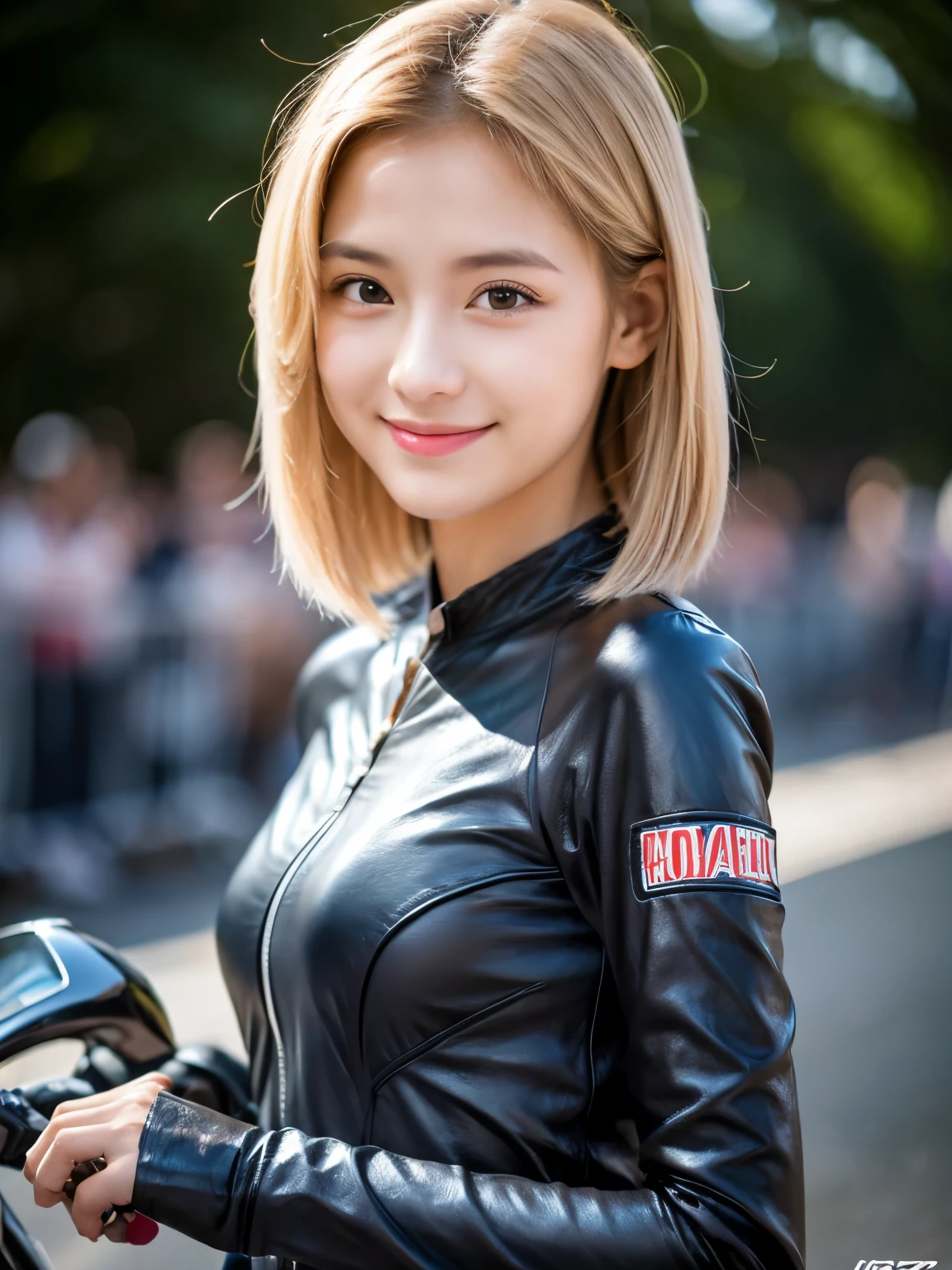 high resolution、High definition、1 girl, smile, Beautiful breasts, C cup, (Small face:1.3), Russian Beauty, (Blonde berry shorthair:1. 3), Long, slender legs, ((Riding a motorcycle on the road)), (((Silver long sleeve and long pants racing leather suit)))