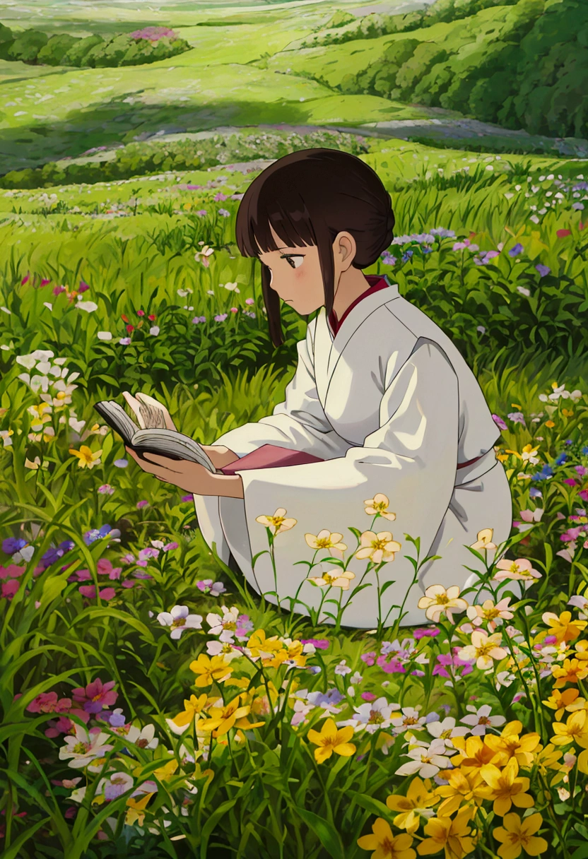 arafed woman sitting in a field of flowers reading a book, white hanfu, palace ， a girl in hanfu, girl sitting in a flower field, by Yang J, sitting in a field of flowers, in a field of flowers, in a cottagecore flower garden, hanfu, in a field with flowers, girl in flowers