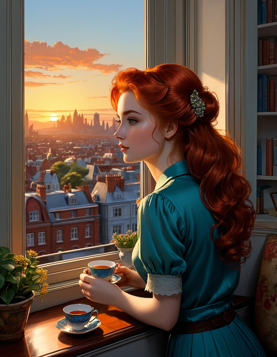 an exhausted middle-class redhead European 23 years old female worker [Kara Scodelario:Maude Adams:0.45] in her small living room rent flat, in the afternoon with cityscape sunset, She's looking out of the window, lost in her thoughts, while holding a cup of tea, inspired by the Don Lawrence style. 