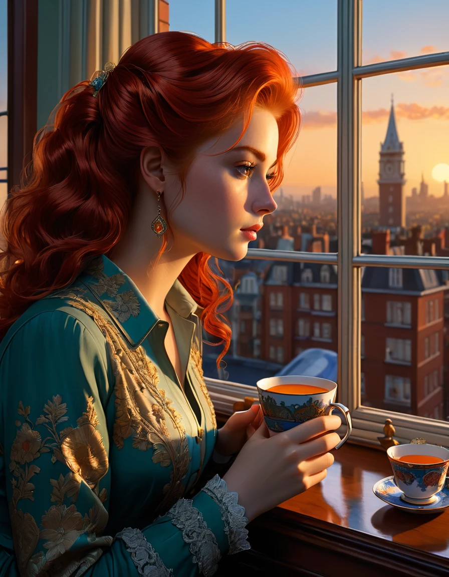an exhausted middle-class redhead European 23 years old female worker [Kara Scodelario:Maude Adams:0.45] in her small living room rent flat, in the afternoon with cityscape sunset, She's looking out of the window, lost in her thoughts, while holding a cup of tea, inspired by the Don Lawrence style. 