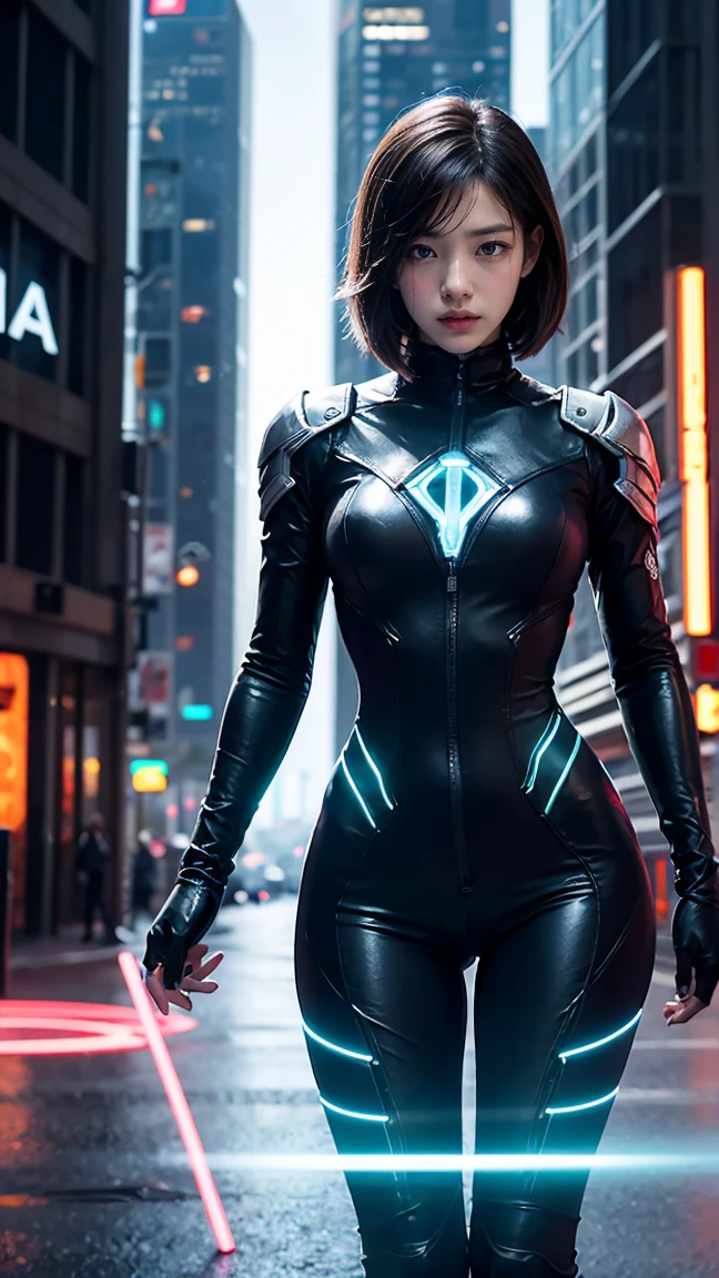 Depict Fiora in her PROJECT: Fiora skin from League of Legends by Riot Games, wearing a sleek, high-tech suit with neon lights and futuristic elements, have massive k-cups, battling in a cyberpunk city with towering skyscrapers and holographic advertisements.