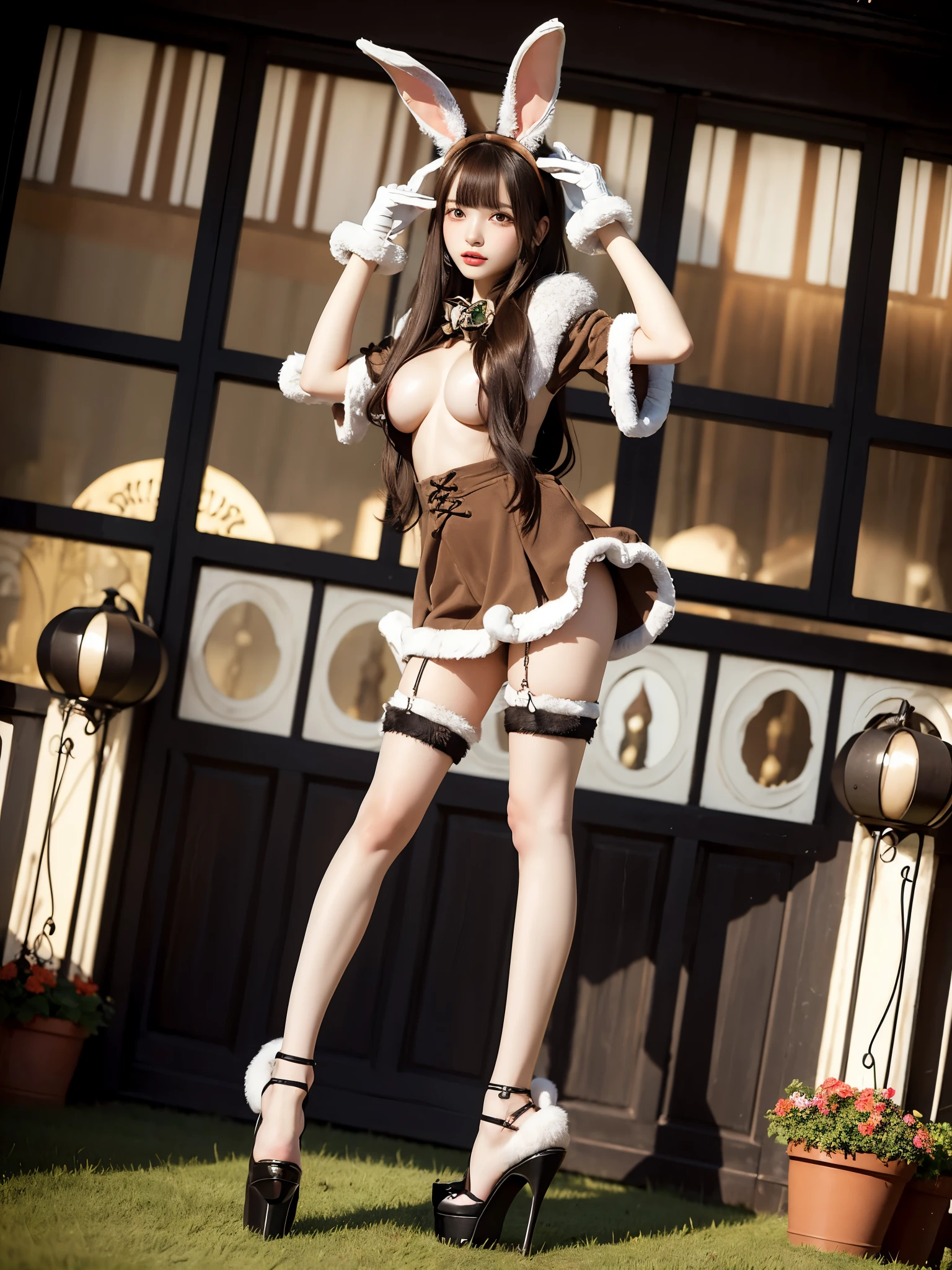 Detailed顔,Detailed表情,masterpiece, Highest quality, Highest quality, Beautiful and aesthetic:1.2, One girl, Halloween, ((Wearing a fancy rabbit fur outfit, Rabbit gloves, Bunny ears, Fur mini skirt):1.2), (Black stiletto heels:1.1), Detailed, (Standing leaning forward:1.3), Large Breasts, Slim figure,
((Dark brown hair)), Wavy Hair, (Medium Long Hair:1.2),
((garden:1.2)),(Full Body Shot:1.1), ((Wide-angle:1.3)),