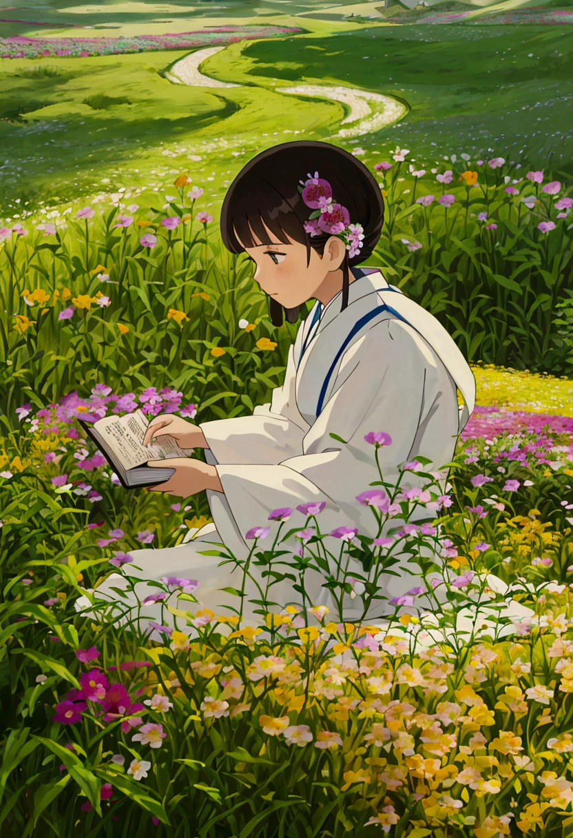 arafed woman sitting in a field of flowers reading a book, white hanfu, palace , a girl in hanfu, girl sitting in a flower field, by Yang J, sitting in a field of flowers, in a field of flowers, in a cottagecore flower garden, hanfu, in a field with flowers, girl in flowers