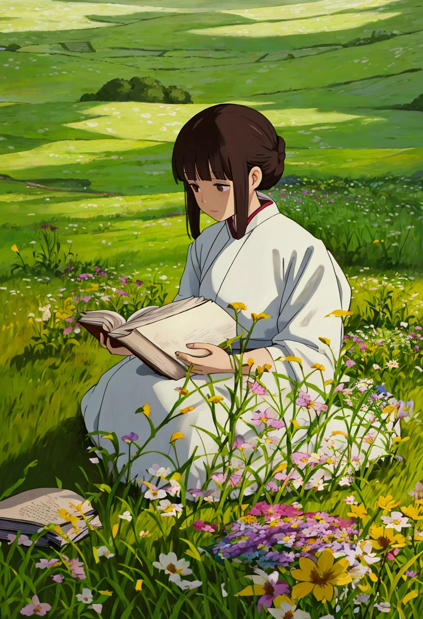 arafed woman sitting in a field of flowers reading a book, white hanfu, palace , a girl in hanfu, girl sitting in a flower field, by Yang J, sitting in a field of flowers, in a field of flowers, in a cottagecore flower garden, hanfu, in a field with flowers, girl in flowers