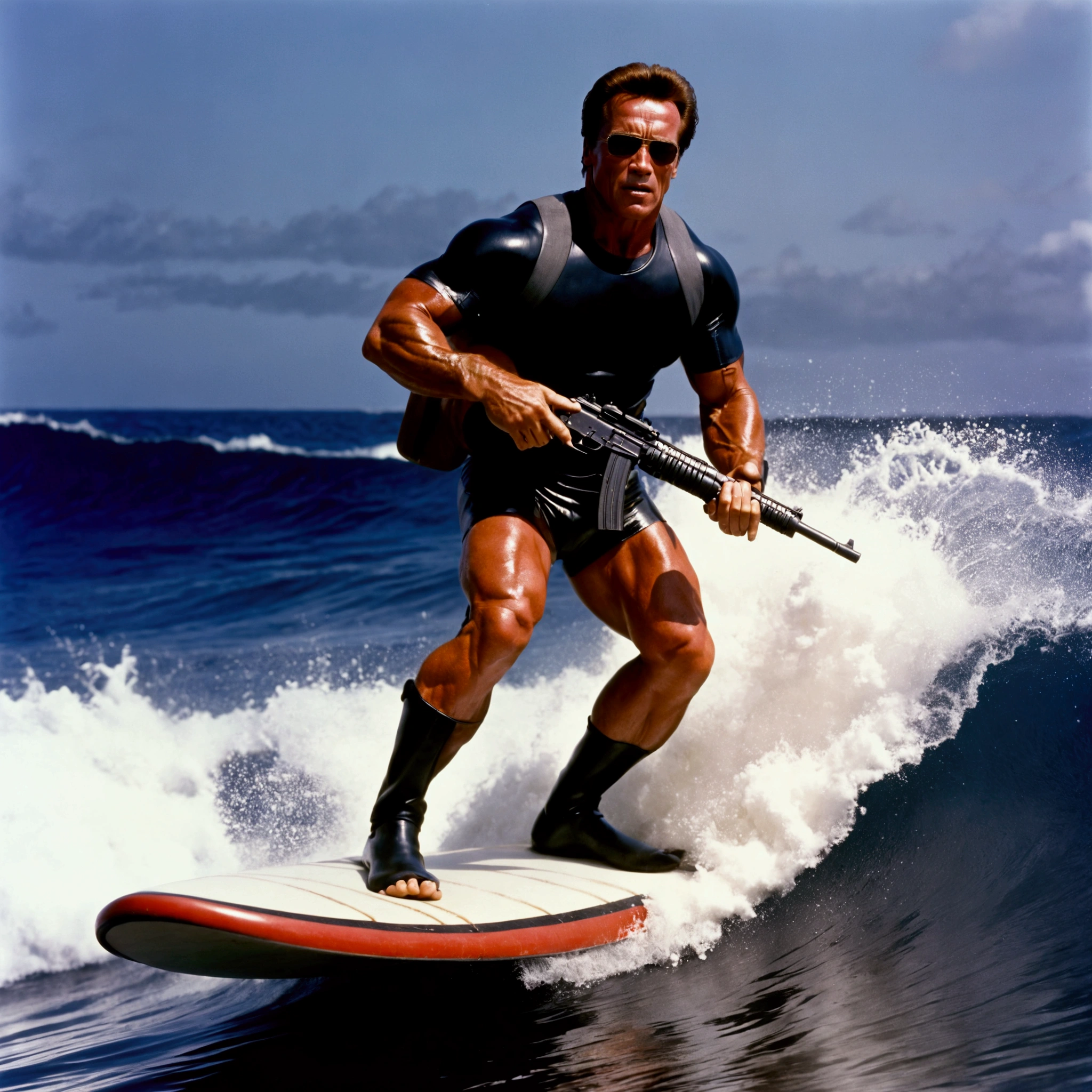 (riding a surf board) Arnold Schwarzenegger, circa 1990, as T-800 battle damaged wielding a machine gun, riding a surf board. intense, horror sci fi, Hawaii