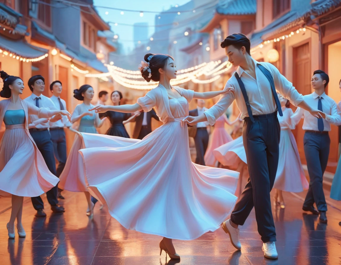 there are many people that are dancing together in the street, official fanart, official artwork, a beautiful artwork illustration, official illustration, dance scene, in style of atey ghailan, by Ni Yuanlu, fanart, background artwork, official art, movie promotional image, dancing with each other, trending on cgstation, beautiful digital artwork, beautiful artwork