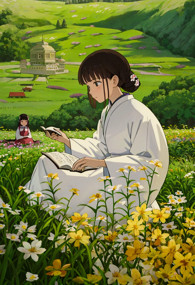arafed woman sitting in a field of flowers reading a book, white hanfu, palace , a girl in hanfu, girl sitting in a flower field, by Yang J, sitting in a field of flowers, in a field of flowers, in a cottagecore flower garden, hanfu, in a field with flowers, girl in flowers