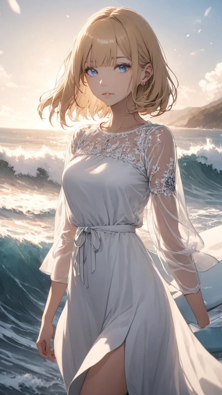 highest quality, masterpiece, best quality, 1 girl, solo,
BREAK
dramatic lighting, soft sunlight, 
BREAK
Sea, waves 
BREAK
Surfing, 
BREAK
blue eyes, medium hair, blonde hair:1.5, straight hair, white long dress, see-through sleeve, 