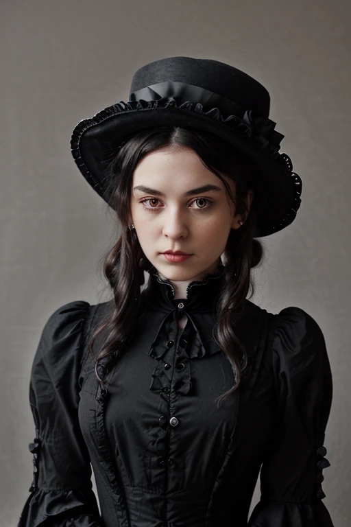 Create me a beautiful young Victorian governess in black clothing black wavy hair with bun, hat with roses, black eyes, named "phantom", vintage Victorian style, with penny black font, like in black butler 