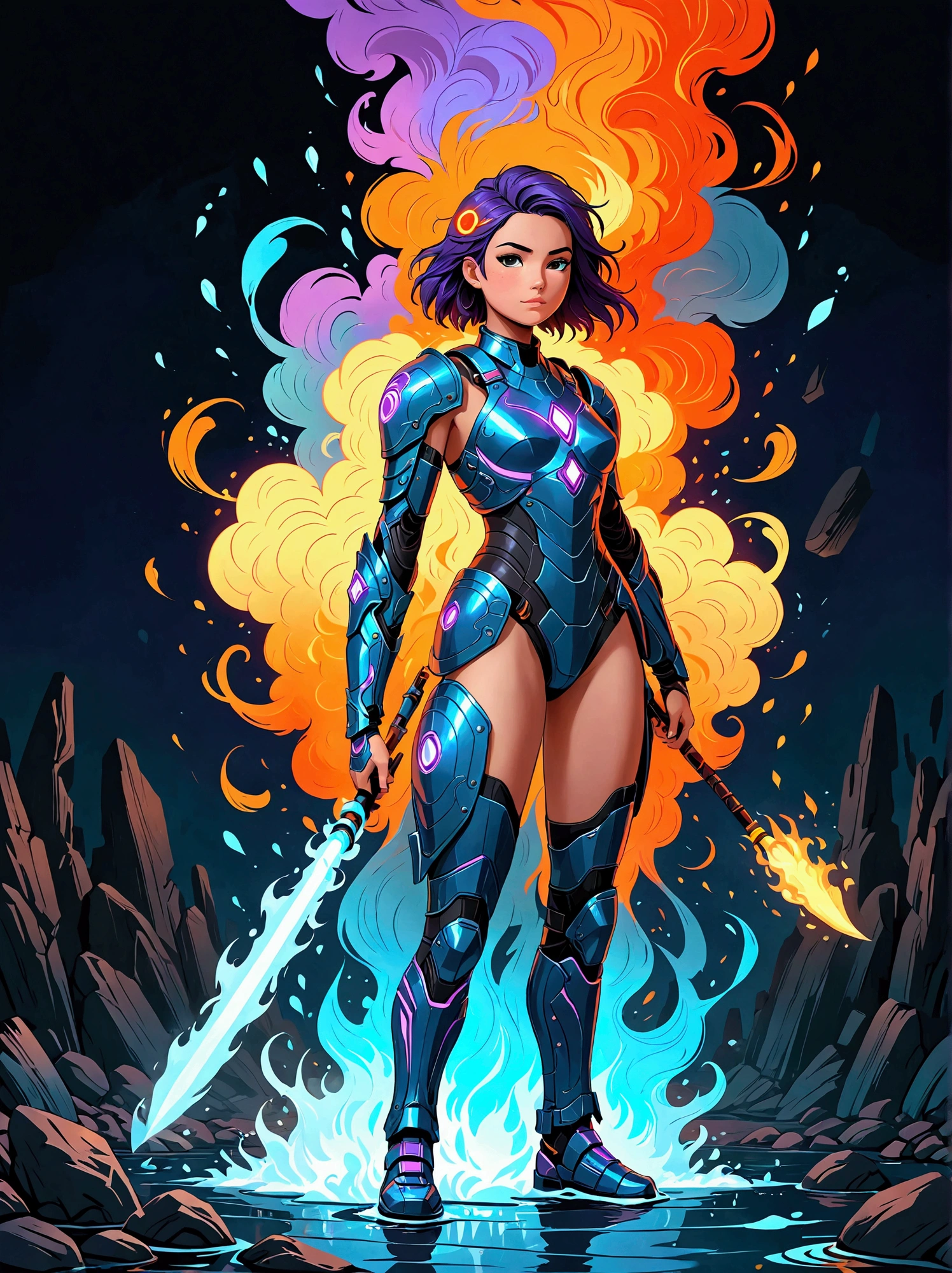 (masterpiece,Best quality:1.2,lifelike:1.4),Cartoon Characters,Vector illustration,Abstract style 1boy,full body,smoke,water,cloud,fire,, best quality, ultra high res, (photorealistic:1.4), Non-representational, colors and shapes, expression of feelings, imaginative, highly detailed, (transparent heavy armor warrior tranzp suit:1) neon vein, heavy armor helmet with purple and orange neon transparent glow made of ral-ledlights, 1kexx1