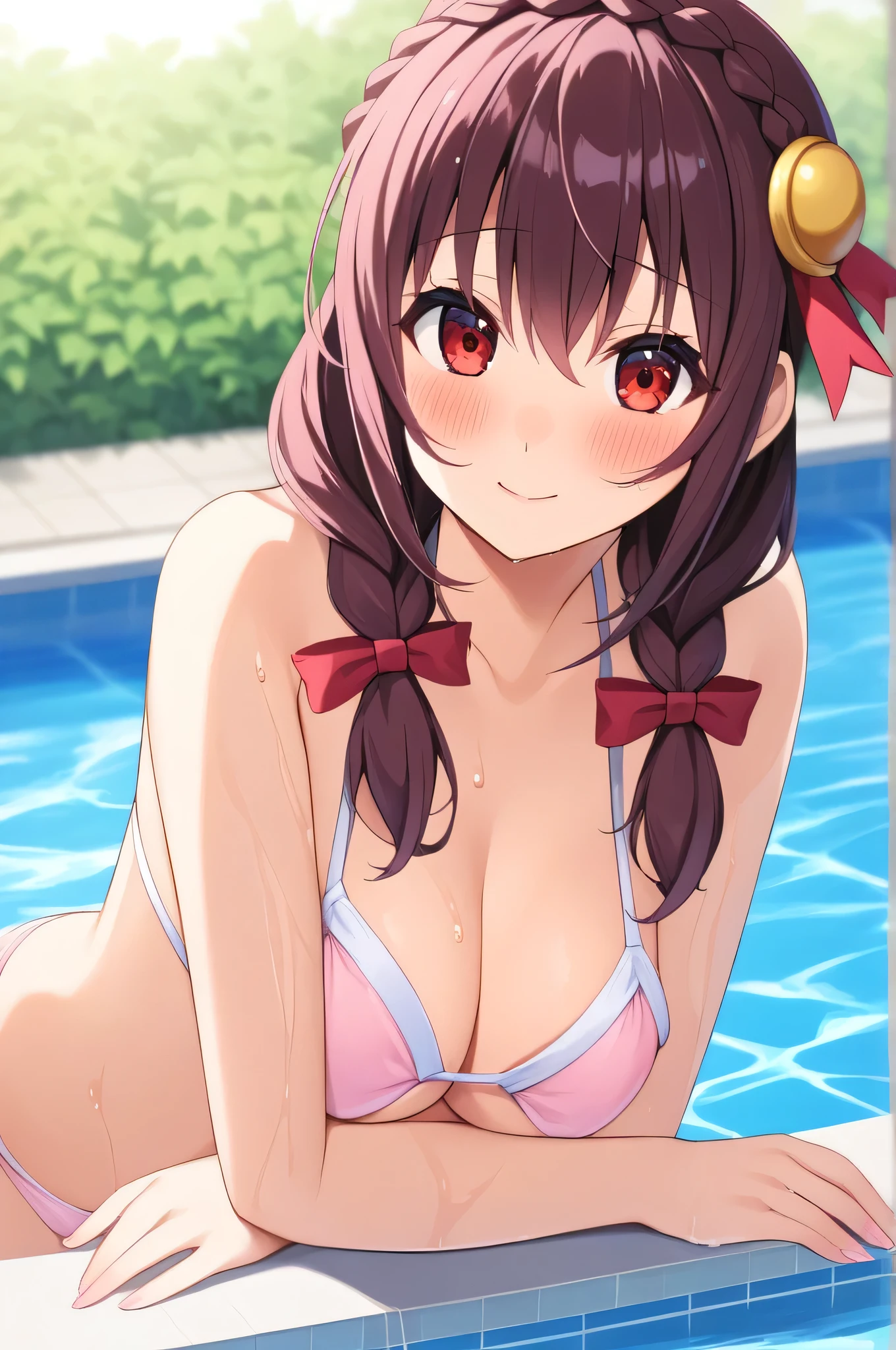 alone, One girl, Yunyun、blush 、View your viewers, Crown braids of the same color as your hair, Red Eyes、hair ornaments, Hair Ribbon, (White and pink bikini)、Poolside、So wet、(A pleasant expression:1.5)、