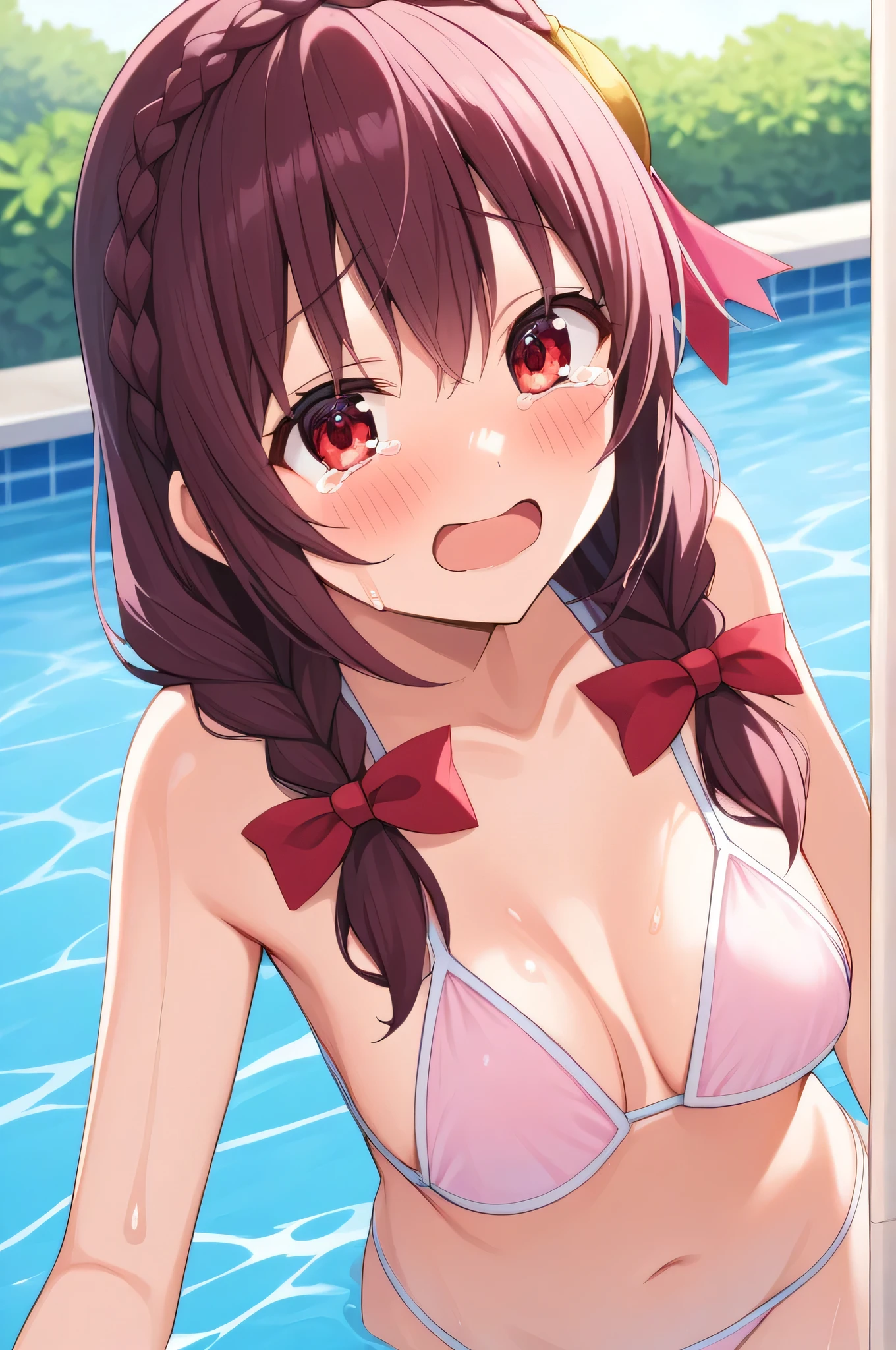 alone, One girl, Yunyun、blush 、View your viewers, Crown braids of the same color as your hair, Red Eyes、hair ornaments, Hair Ribbon, (White and pink bikini)、Poolside、So wet、(Tears of joy:1.5)、