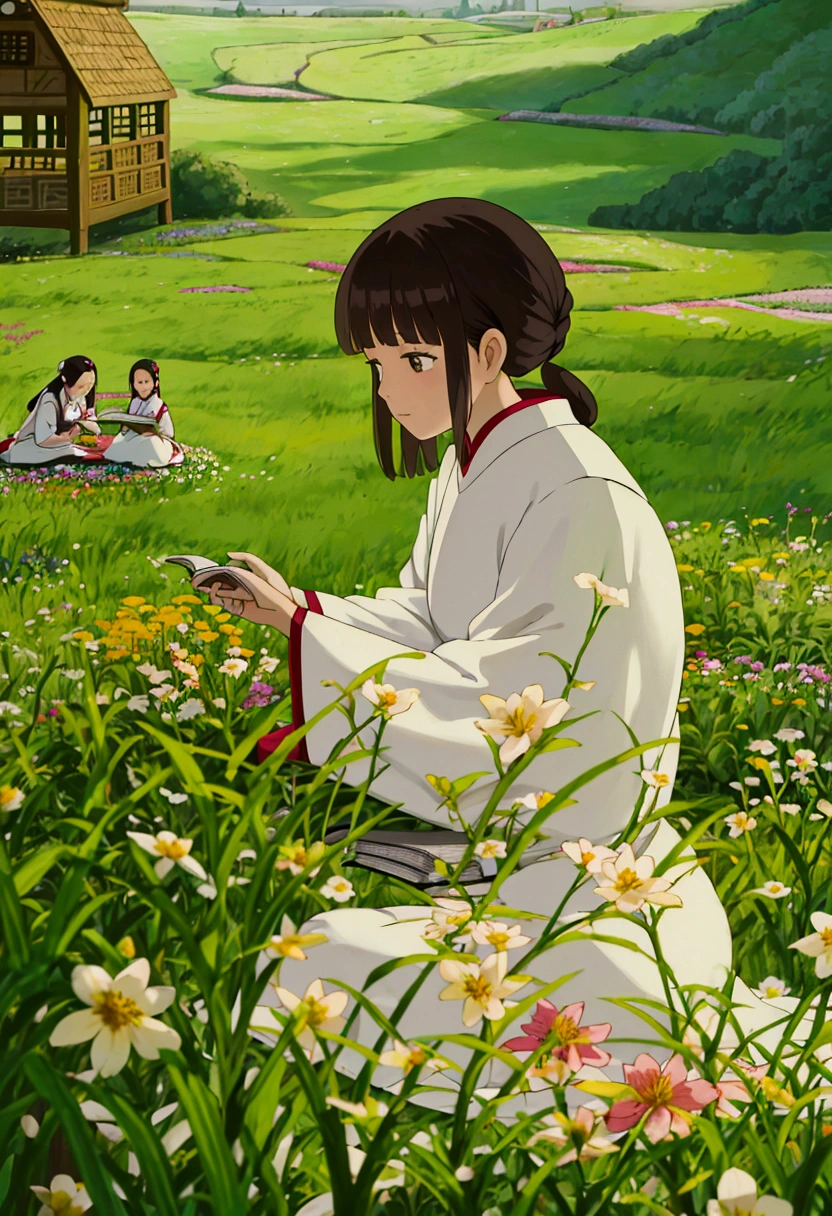 arafed woman sitting in a field of flowers reading a book, white hanfu, palace ， a girl in hanfu, girl sitting in a flower field, by Yang J, sitting in a field of flowers, in a field of flowers, in a cottagecore flower garden, hanfu, in a field with flowers, girl in flowers