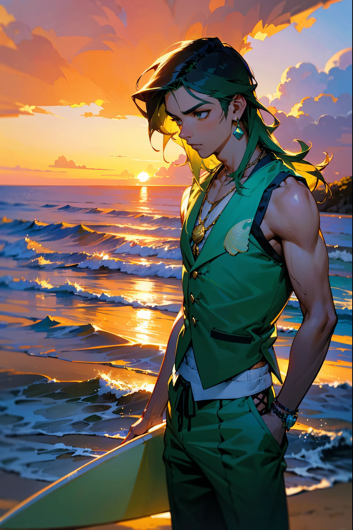 a man with shoulder-length ombre hair from dark green to light mint, wearing ocean-themed jewelry and a seashell-embroidered vest, casually leaning on a surfboard on a sandy beach at sunset, vivid colors, cinematic lighting, dynamic composition, beautiful landscape, dramatic clouds, warm golden hour lighting, anime stylized