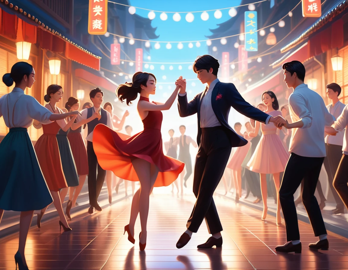 there are many people that are dancing together in the street, digital art by Ni Yuanlu, trending on cg society, serial art, official fanart, official artwork, a beautiful artwork illustration, official illustration, dance scene, in style of atey ghailan, fanart, official art, background artwork, movie promotional image, dancing with each other, trending on cgstation