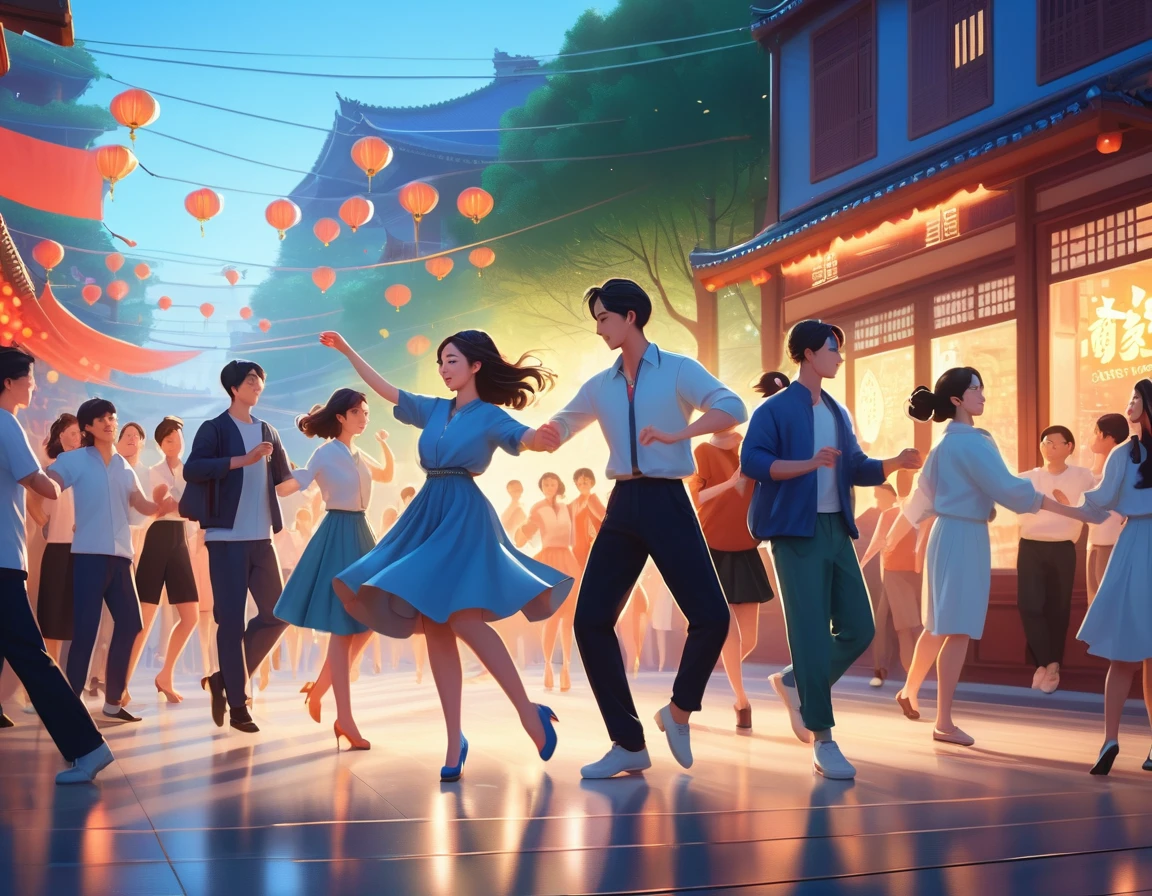 there are many people that are dancing together in the street, digital art by Ni Yuanlu, trending on cg society, serial art, official fanart, official artwork, a beautiful artwork illustration, official illustration, dance scene, in style of atey ghailan, fanart, official art, background artwork, movie promotional image, dancing with each other, trending on cgstation