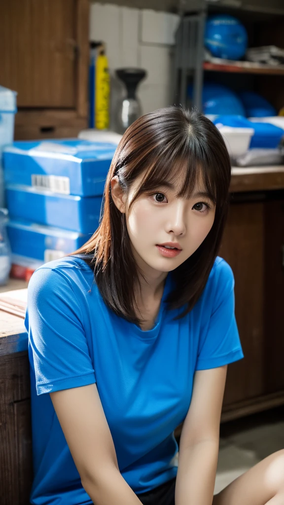 extreme close-up of beautiful beautiful korean female, 34 inch breasts size, wearing blue t-shirt, sitting in basement, cinematic scene, UHD