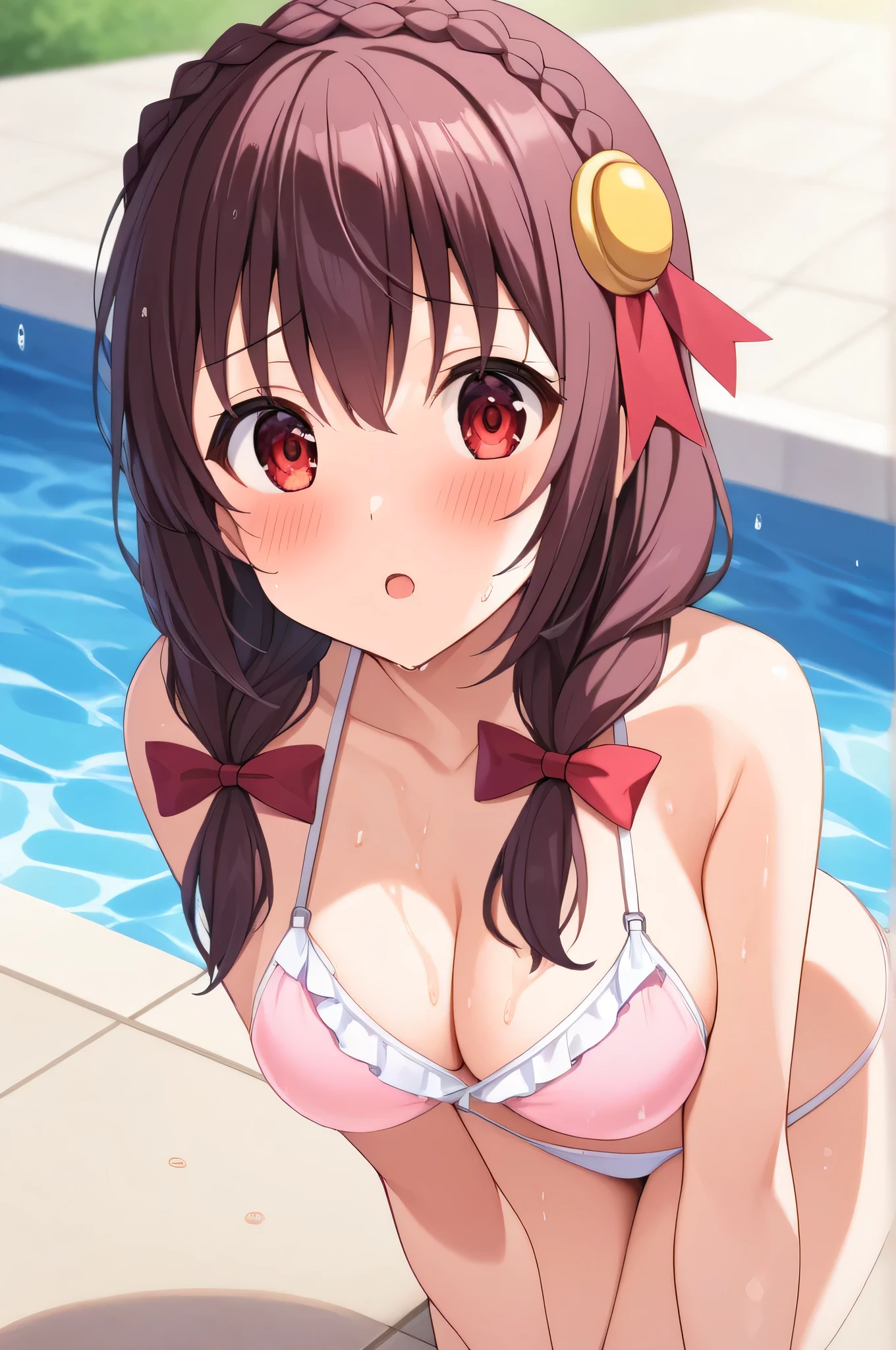 alone, One girl, Yunyun、blush 、View your viewers, Crown braids of the same color as your hair, Red Eyes、hair ornaments, Hair Ribbon, (White and pink bikini)、Poolside、So wet、(Amazed expression:1.5)、