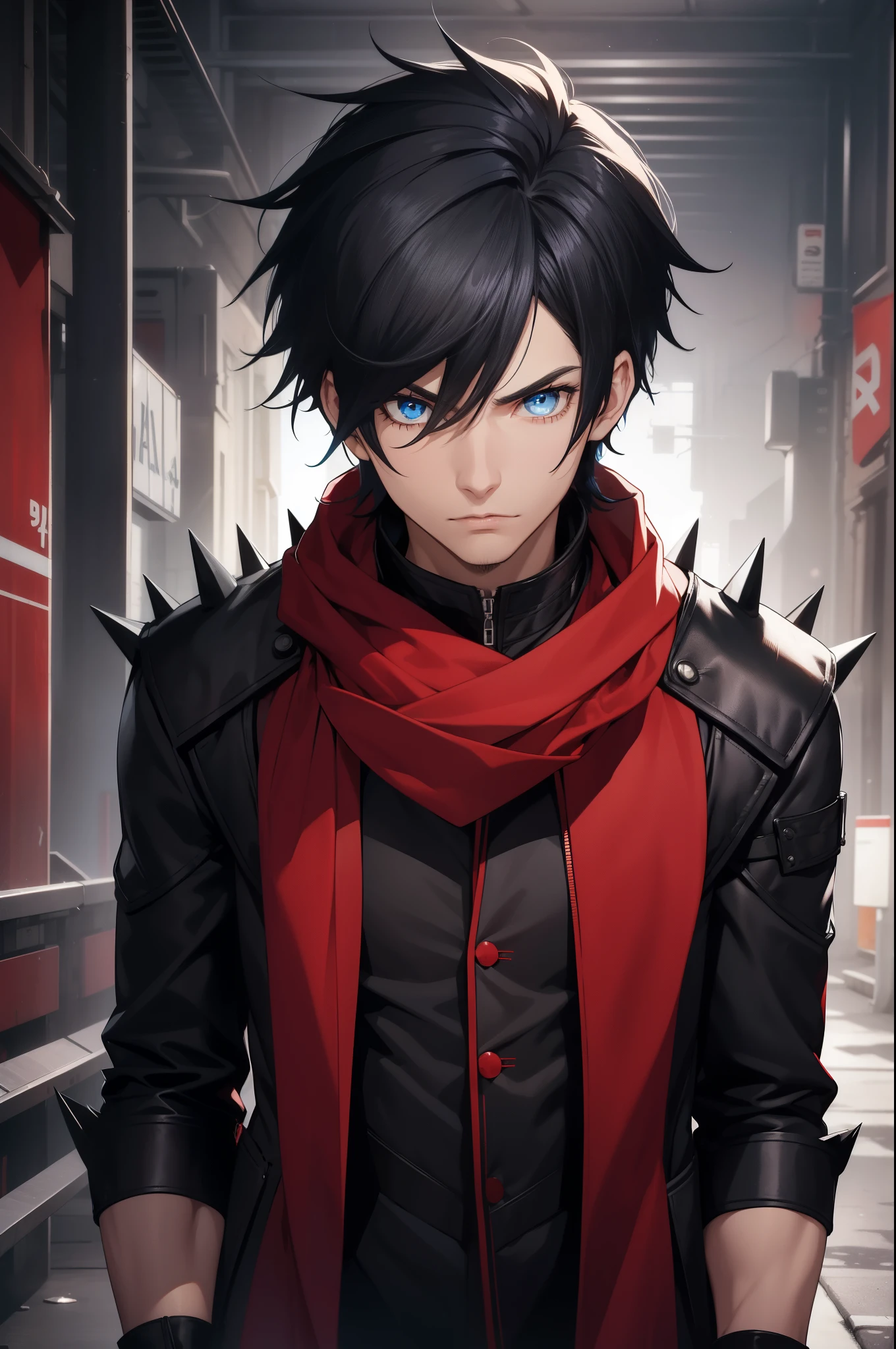 (26 years old), (male), Black hair, (Blue eyes), (Spiky hair, bang), red scarf, red vest, sleeveless, black pants, black gloves, slim, up to legs