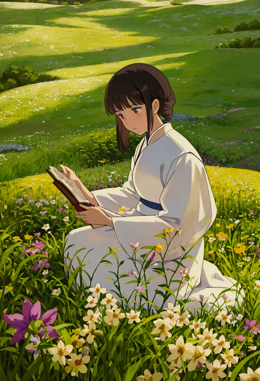 arafed woman sitting in a field of flowers reading a book, white hanfu, palace , a girl in hanfu, girl sitting in a flower field, by Yang J, sitting in a field of flowers, in a field of flowers, in a cottagecore flower garden, hanfu, in a field with flowers, girl in flowers
