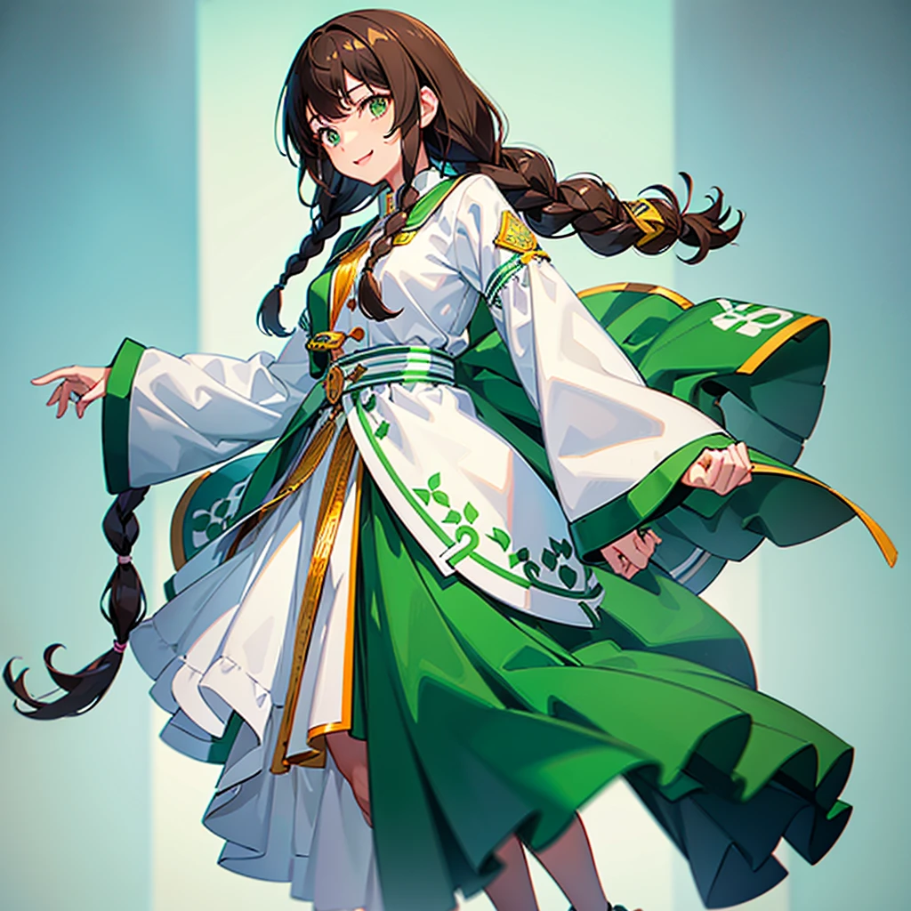 A female high school student,JK,Dark green eyes,Brown hair,There is a strand of hair in the middle of the bangs,Fluffy hair,Double braids,Braid,Green highlights,Smile,sluggish,Lively and cheerful personality,whole body,Show all body,Setting diagram,whole body图,White background,full body shot,full body shot
