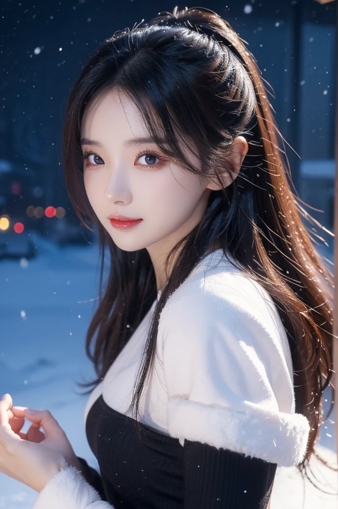 8k Ultra Resolution、Beautiful woman、One Woman、Dark Brown Hair:1.1、Ultra detailed face、Detailed lips、important、(Eyes are in focus)、double eyelid、Princess Eyes、Beautiful Japanese Women、Beautiful Japanese Woman、Sensual lips、Bewitching body、Bust size 82、8th class、Stand in a stimulating pose facing forward with a natural body and good balance between left and right.、Girlfriend in her 20s、(20-year-old)、sense of distance、nice smile、 Wear black-red-orange-light purple-fashionable and trendy long sleeve clothes and skirts,,、important(Detailed hand counts and shapes)、Sharp images、Detailed eye sparkle、Heavy snow falling in the background、color々Hair style、Incredibly realistic and detailed snow、Snow piled up in the background、Ultra-realistic and detailed night view and Christmas,