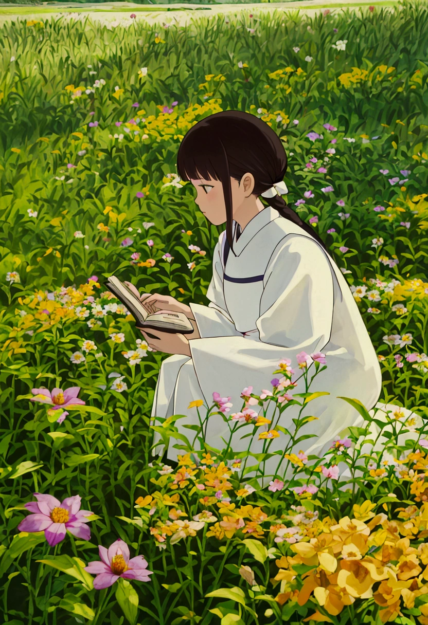 arafed woman sitting in a field of flowers reading a book, white hanfu, palace , a girl in hanfu, girl sitting in a flower field, by Yang J, sitting in a field of flowers, in a field of flowers, in a cottagecore flower garden, hanfu, in a field with flowers, girl in flowers