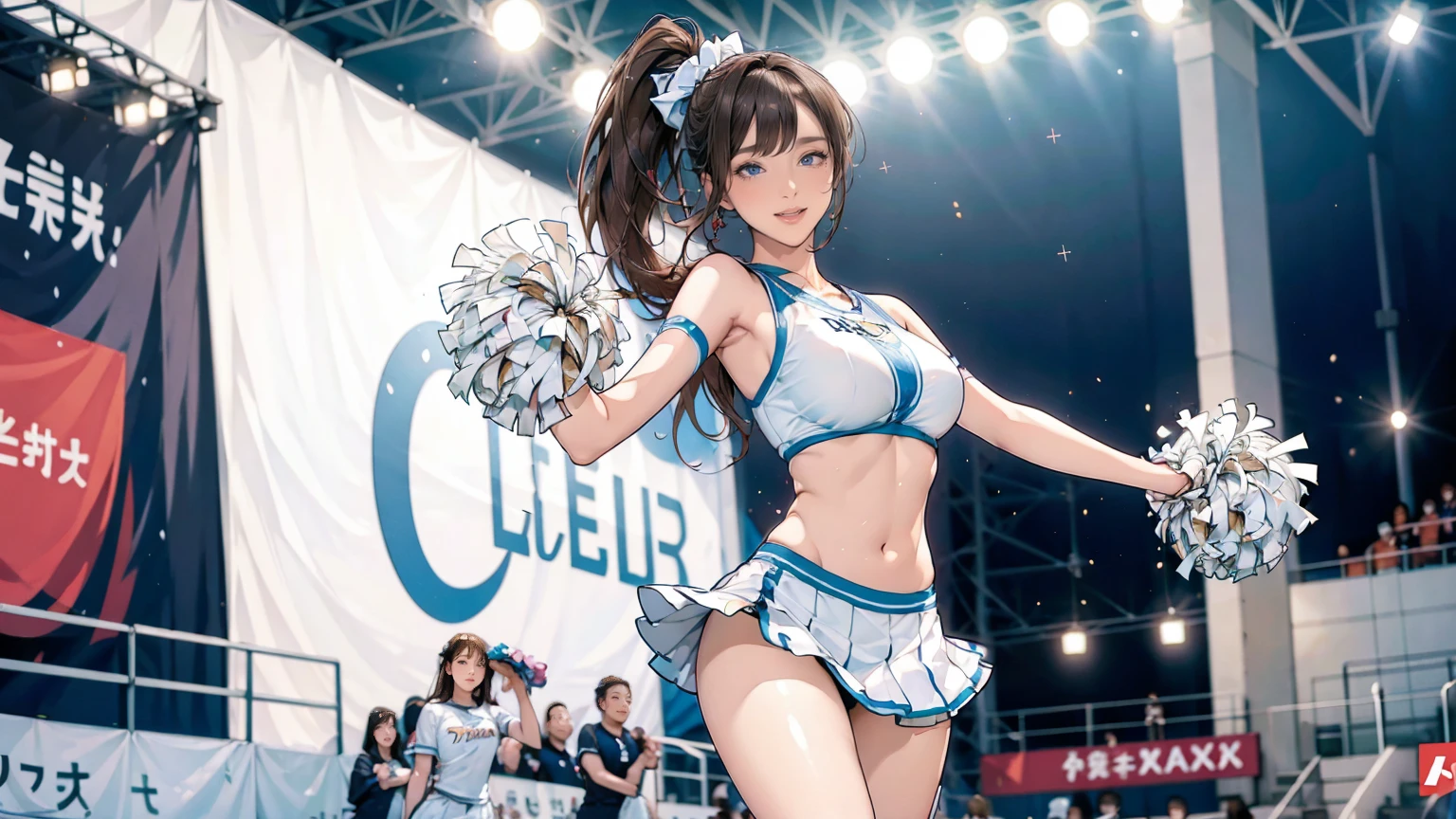 (Original photo、Highest quality)、(Actual、Photographic realism:1.3)、Highest quality、masterpiece、Very delicate and beautiful、A hVery detailed、North African Trade Area、Sense of unity、2k wallpaper、growing up、every detail is beautiful、masterpiece、light smile、Highest quality、HVery detailed ticker Unity 8K wallpapers、Large file size、Very detailedな、High resolution、Very detailed、((Euphoric look))、((Sex:1.2))、((smile:1.15))、((sweating:1.4))、((translucent:1.55、A sailor-style body suit with a skin-hugging collar that creates a beautiful silhouette..:1.6))、Pink and orange、ribbon、Sailor Hat、Double frill garter belt、Very cute girl、teenager、idol group member、(((At a concert「ザ☆ピ〜s!」dance)))、(Spread your legs), (Pull your hips back), (Arch the upper body), And place your left hand on your hip.、Salute with two fingers on the right hand、Hair movement、(Concert lighting creates atmosphere)、A large number of people、Spotlight、Professional Lighting、Film Light、3D、audience'Opinion、