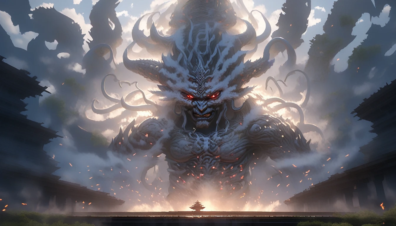 Create a digital artwork of a fearsome Asura emerging from the shadows of an ancient Indian temple. The Asura should be depicted as a towering, menacing figure with multiple heads, fierce eyes, and a dark, malevolent aura. Its body should be imposing and fearsome, conveying a sense of immense power and evil.
The setting should be an ancient temple in a state of ruin, with crumbling pillars, faded carvings, and overgrown vegetation. The atmosphere should be dark and foreboding, with minimal, eerie lighting casting long, dramatic shadows. Incorporate elements such as broken statues, scattered relics, and ancient symbols to enhance the sense of decay and abandonment.
The Asura’s presence should dominate the scene, with its terrifying features highlighted by the sparse, flickering light. The interplay of light and shadow should accentuate its fearsome appearance and the surrounding temple’s dilapidated state.
Focus on hyper-detailed textures for both the Asura and the temple ruins, capturing the intricate details of the Asura’s monstrous form and the weathered, decayed features of the temple. Render the scene in super-realistic, high-resolution detail to fully convey the horror and intensity of the setting. strong contrast, high level of detail, best quality, masterpiece, extremely high-resolution details, photographic, realism pushed to extreme, fine texture, incredibly lifelike