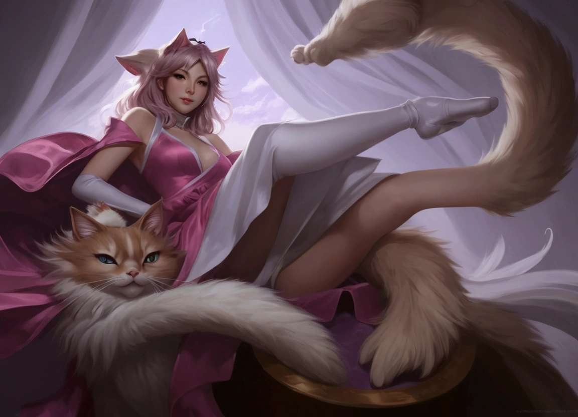 anime - style painting of a woman in a pink dress with a cat, ahri, portrait of ahri, furry fantasy art, ahri from league of legends, league of legends art style, in style of artgerm, ! dream artgerm, wlop and rossdraws, league of legends style art, style artgerm