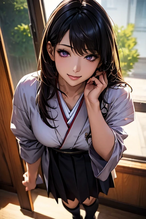 ((NFSW:1.6))、((Highest quality)),(超High resolution),(Very detailed),(Detailed Description),((The best CG)),(masterpiece),Ultra-detailed art、(Highest quality、8k、32K、masterpiece)、(Realistic)、(Realistic:1.2)、(High resolution)、Very detailed、Very beautiful face and eyes、1 female、((:1.3))、Tight waist、Delicate body、(Highest quality、Attention to detail、Rich skin detail)、(Highest quality、8k、Oil paints:1.2)、Very detailed、(Realistic、Realistic:1.37)、Bright colors、1 girl、Japanese、20th Generation、Long Black Hair、straight、Purple Eyes、Wearing uniform、White blouse、Navy Pleated Skirt、Knee-high socks、Black Loafers、smile、Standing pose、Holding a book、Anime Style、Very detailedな、Soft lighting、Classroom Background、Morning sunlight