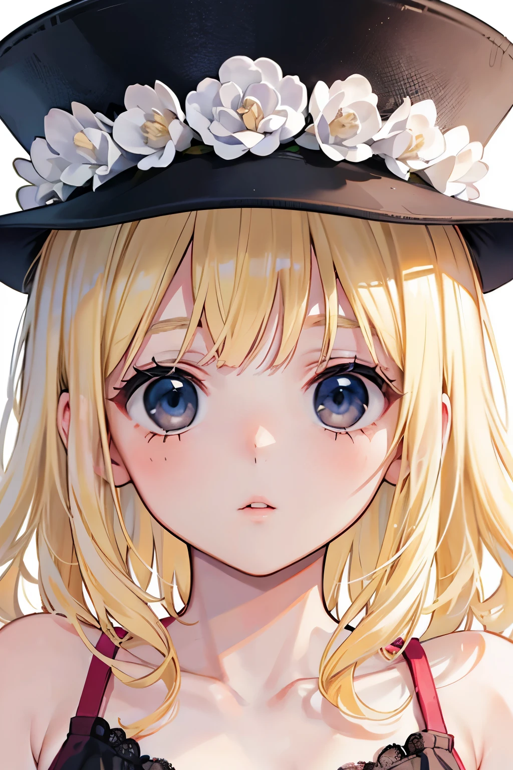 beautiful cute girl,((blonde hair:1.2)),(Medium wave hair:1.1),(close eye:1.2),(princess:1.1),(camisole:1.25),(White cap:1.25),((lace:1.2)),kiss Face,(Chapel:1.25),close-up Face.