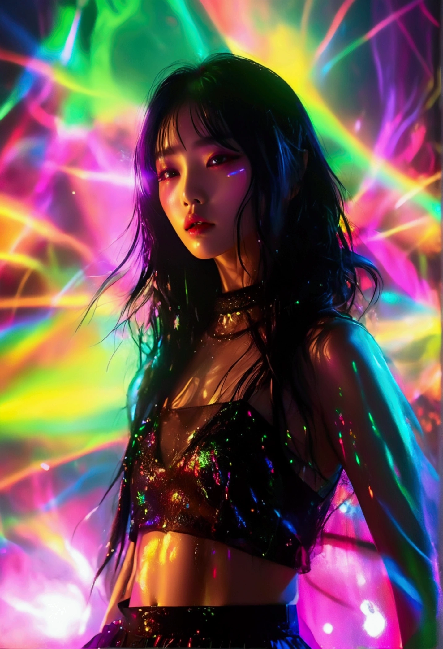 A charismatic anime style East-Asian female pop idol performs on stage in a vividly lit dark setting, looking magnetic and mysterious. She stands proudly with her sleek black hair and attire, subtly adorned with rainbow accents. Bathed in a wash of cool neon lights, the scene generates an aura of intrigue and adrenaline. Her vibrant energy radiates through her playful pose. Motion blur encapsulates her dynamic movements while the theatrical shadows from the stage lights intensify the atmosphere. An alluring mix of darkness and neon, lush greens and swirling rainbow highlights bring to life her stage presence, creating an image of enigmatic beauty.